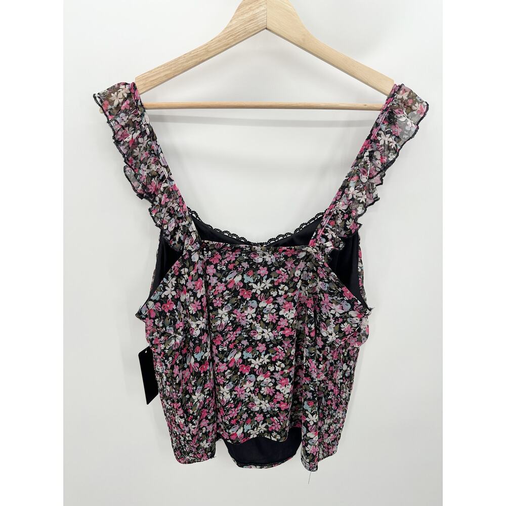 Willow Black Pink Microfloral Ruched Smock Ruffle Sleeve Tank‎ Top Women 2X NWT - Picture 2 of 8